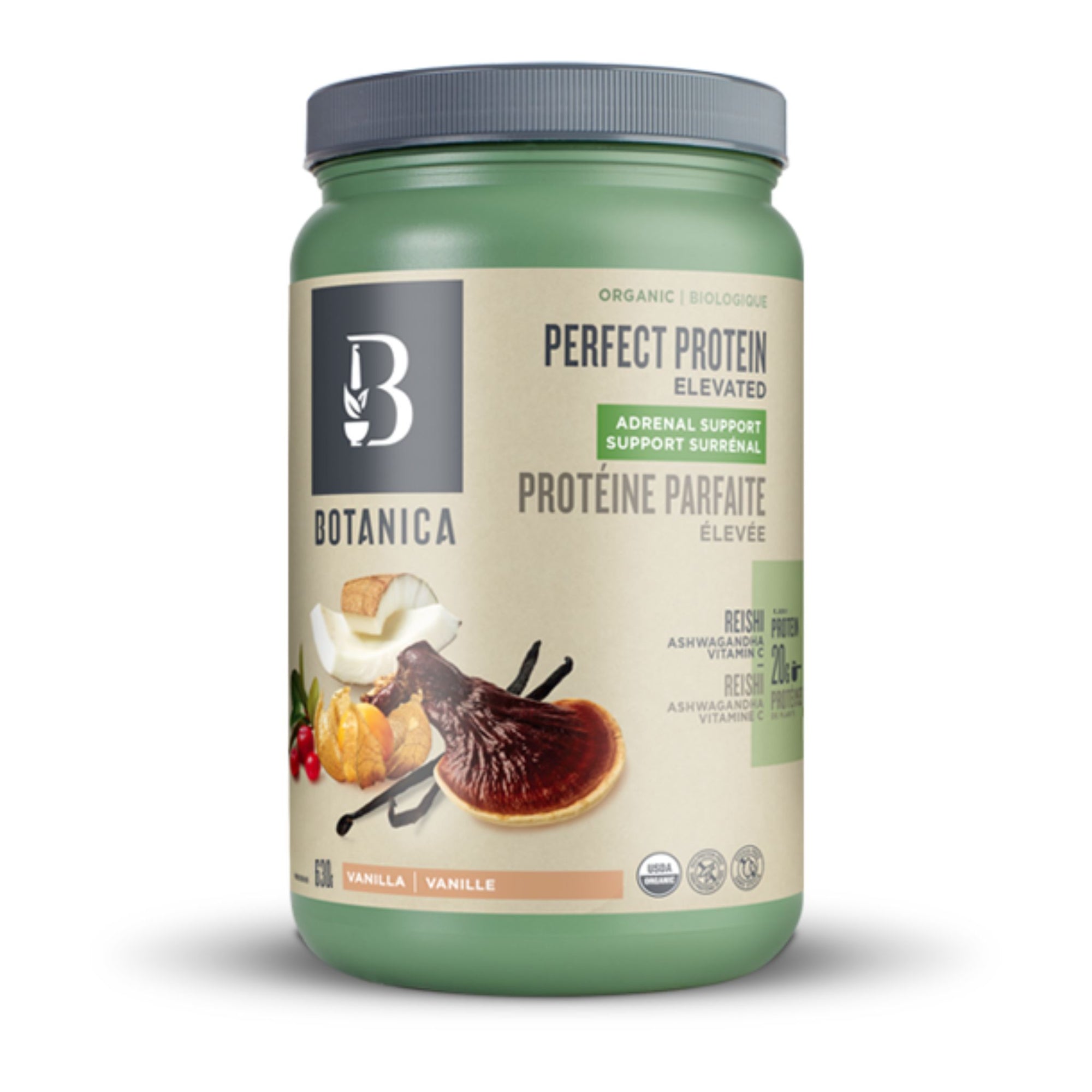 Bottle of Botanica Perfect Protein Elevated Adrenal Support 642g - Vanilla flavour with Reishi, ashwagandha, and vitamin C.