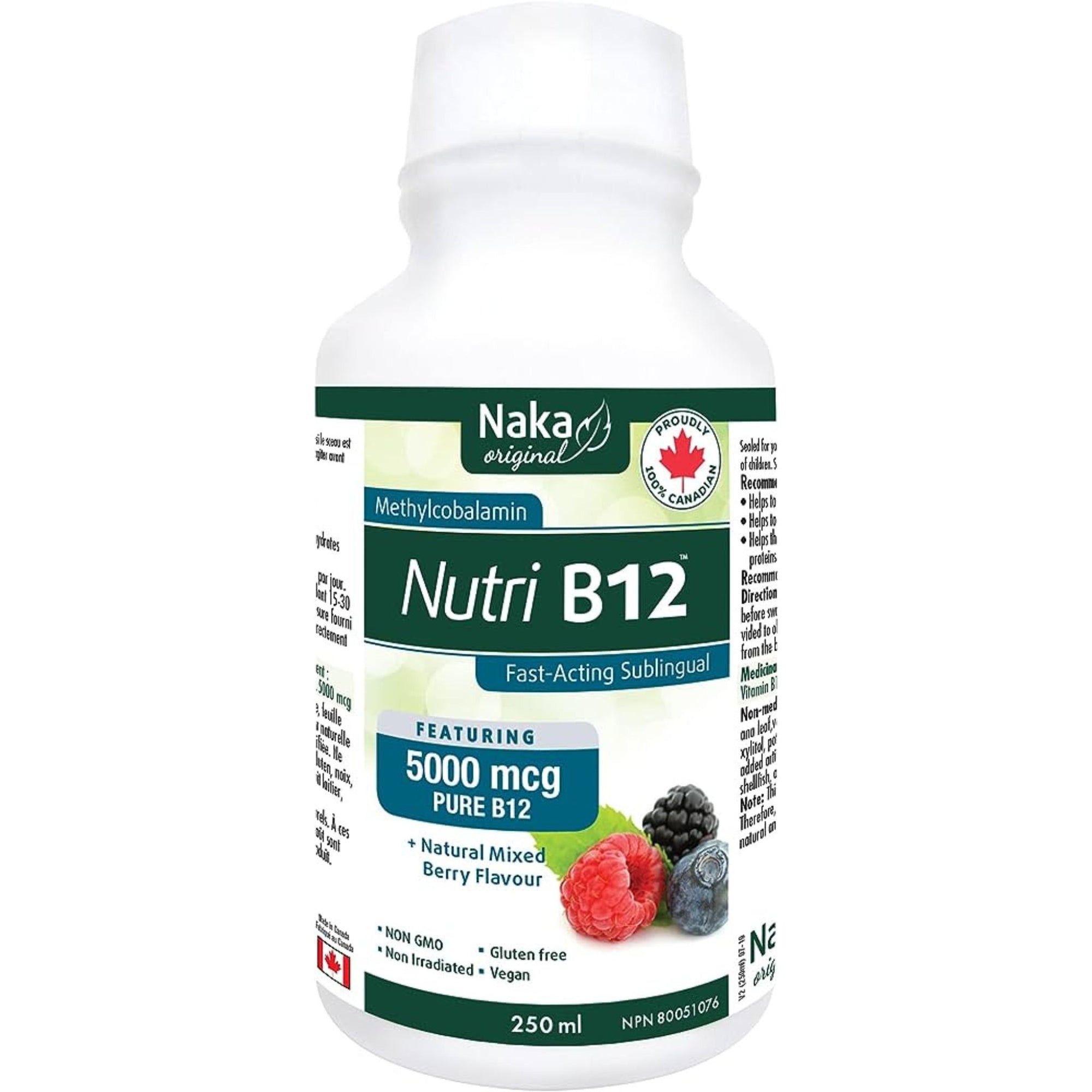 Naka Nutri B12 250ml - Fast-acting Sublingual vitamin B12 supplement in its methylcobalamin form. A natural mixed berry flavour. 