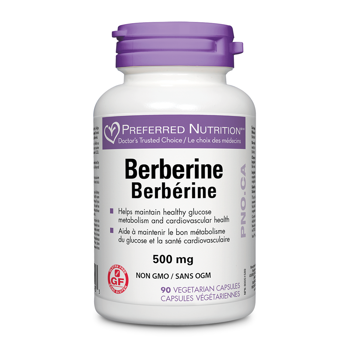 Preferred Nutrition Berberine 500mg 90s product image - Bottle of 90 vegetable capsules