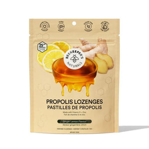 Beekeeper's Naturals Lemon Ginger Propolis Lozenges 50g bag (front) - 14 lozenges per bag. Made with Vitamin D3 + Zinc.