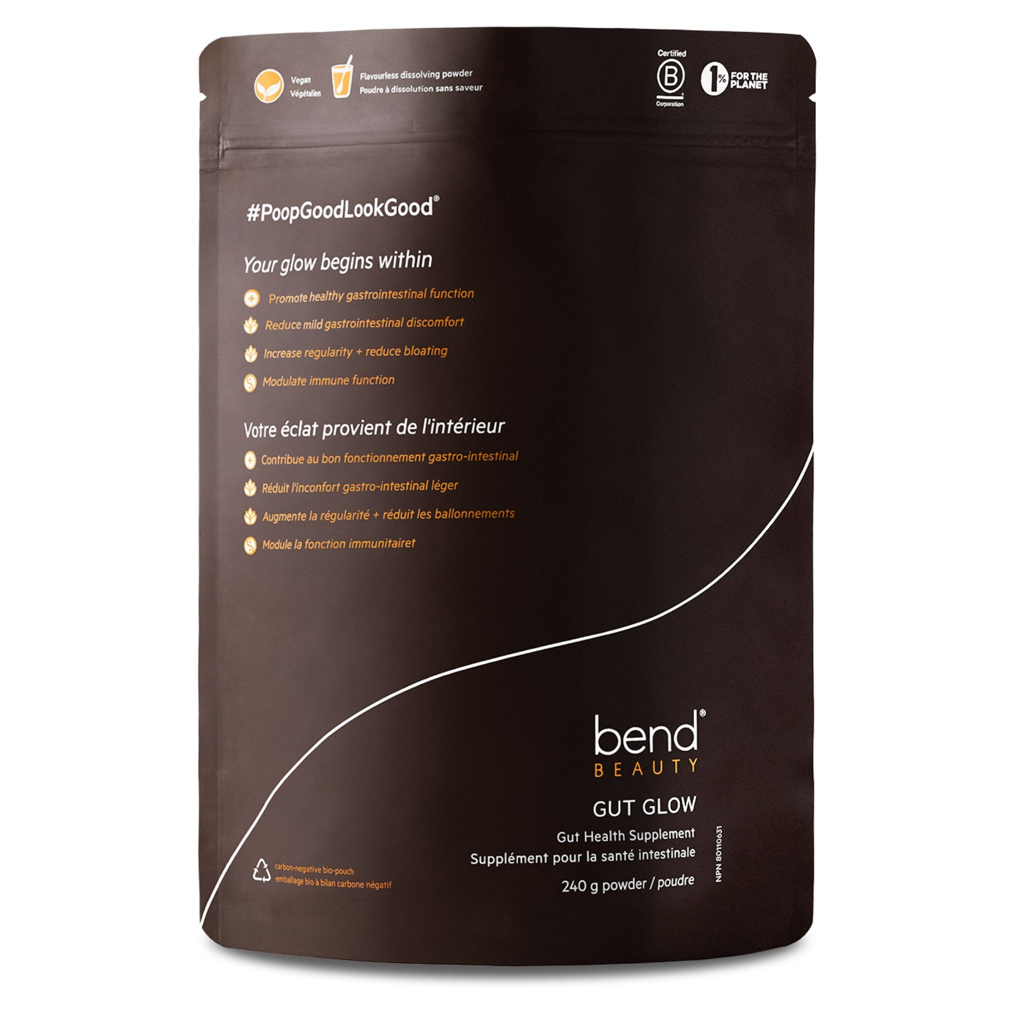 Image of Bend Beauty Gut Glow 240g powder - front of bag - a fiber-rich supplement for gut health, available at Fiddleheads Health and Nutrition.
