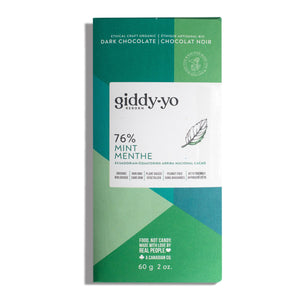 Giddy Yo Dark Chocolate Bar Mint 76% - Organic, plant based, non-GMO, peanut free & keto friendly.