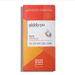 Giddy Yo 76% Orange Dark Chocolate bar 60g - Organic, non-GMO, plant based, peanut fre & keto friendly.