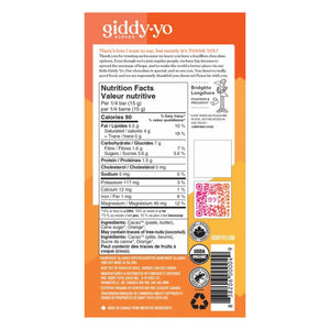 Back of packaging with nutrition facts - Giddy Yo 76% Orange dark chocolate bar.