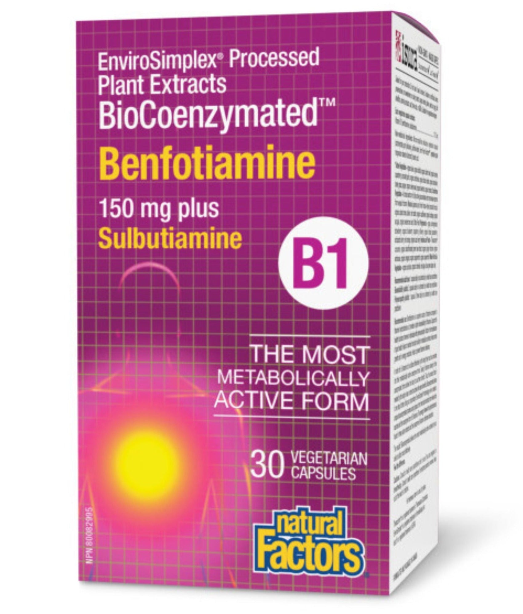 Natural Factors BioCoenzymated Benfotiamine 150mg plus Sulbutiamine - Vitamin B1 supplement - 30 vegetarian capsules, bottle inside of box 