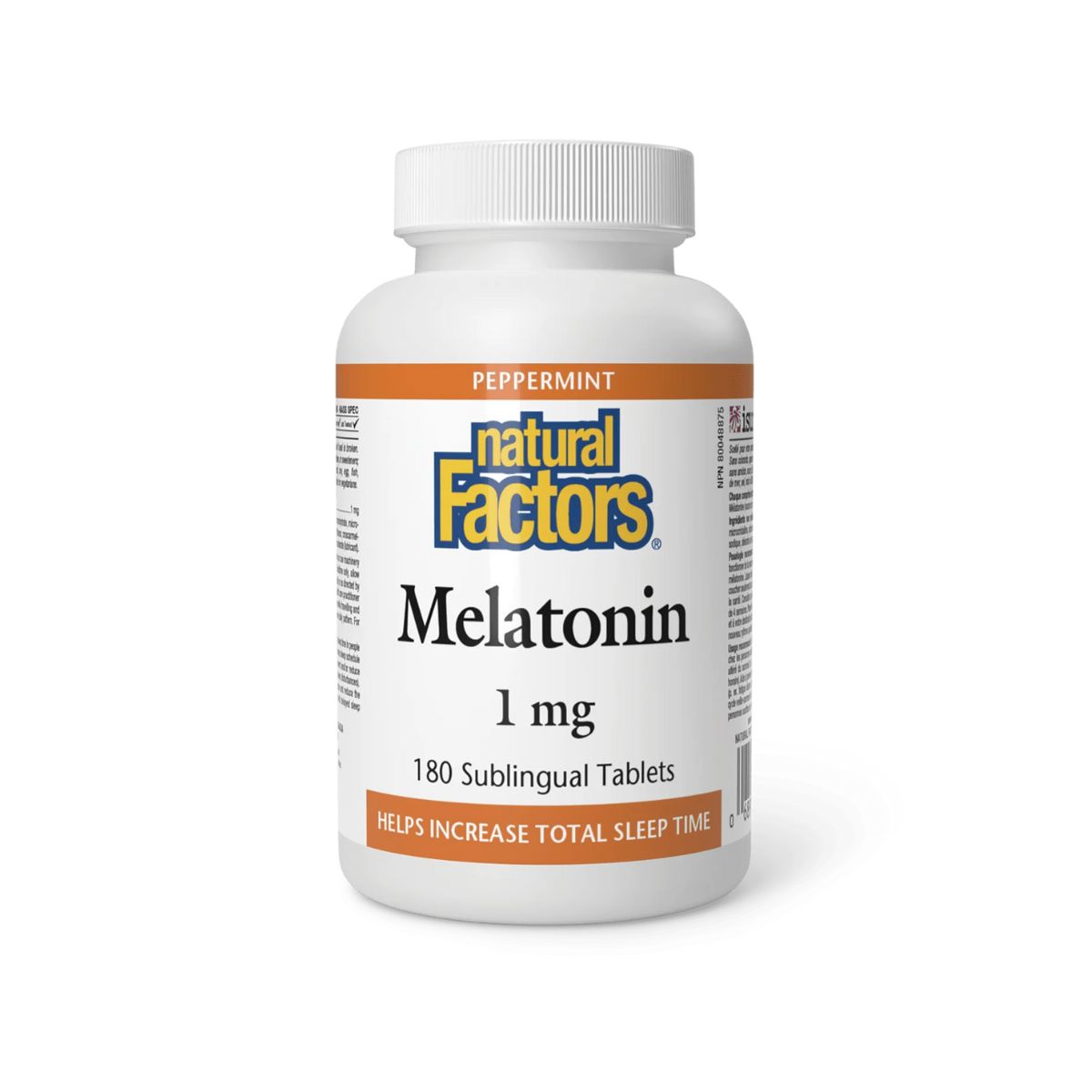 Natural Factors Melatonin 1mg Sublingual Tablets product image - Sleep aid supplement in a white and orange plastic bottle. 