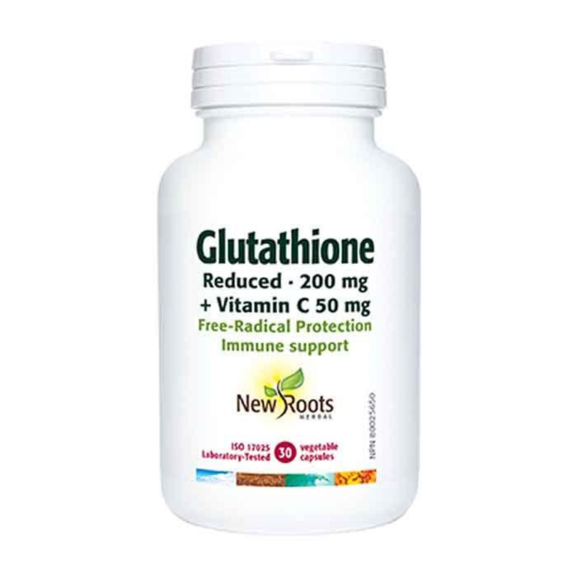 New Roots Glutatathione 200mg 30 Vegetable Capsules - with Vitamin C 50mg - free-radical protection and Immune support.
