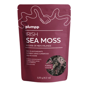 Image of plumpp (brand) Purple Irish Sea Moss. Packaging reads: Rich in antioxidants, nutrient dense superfood, high in iodine.