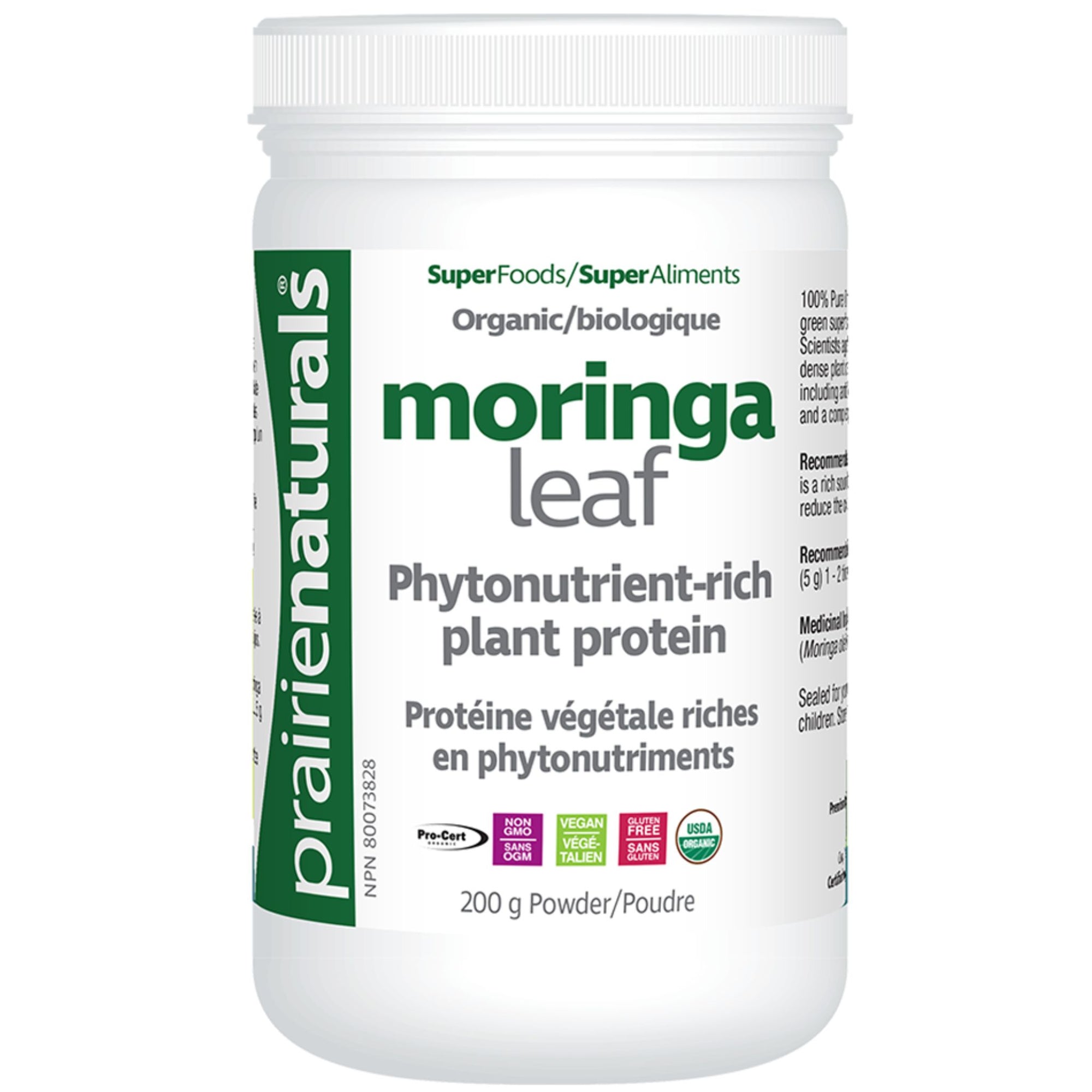 Image of Prairie Naturals Moringa Powder 200g product in a green and white container.