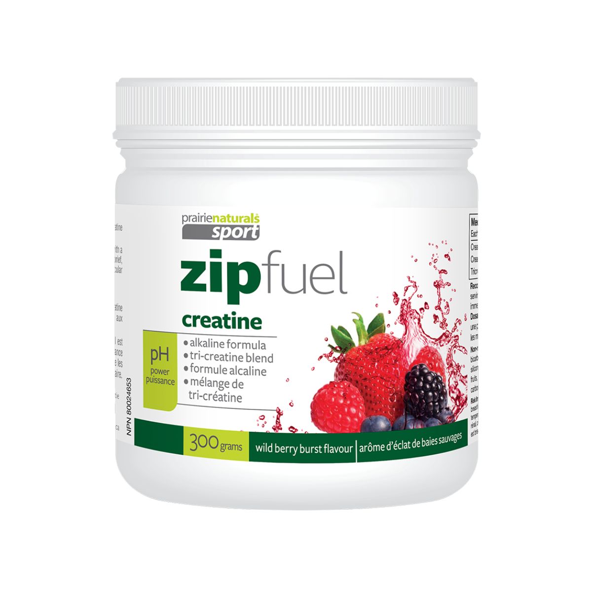 Prairie Naturals ZipFuel Creatine Wild Berry Burst Flavour 300g product image - Fitness supplement in a vibrant purple and green container.