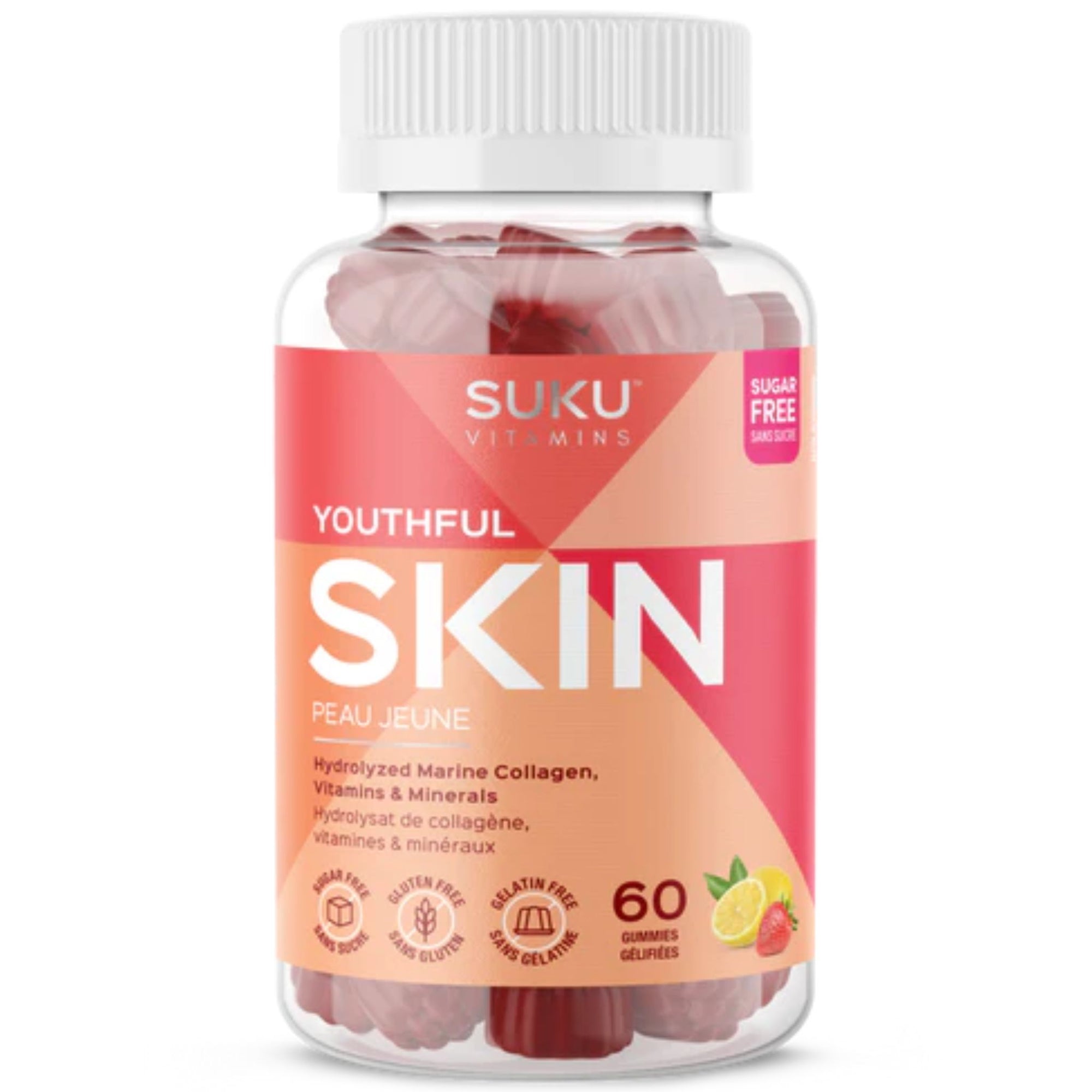 Suku Youthful Skin 60 Gummies bottle - Hydrolyzed collagen, vitamins & mineral blend. 