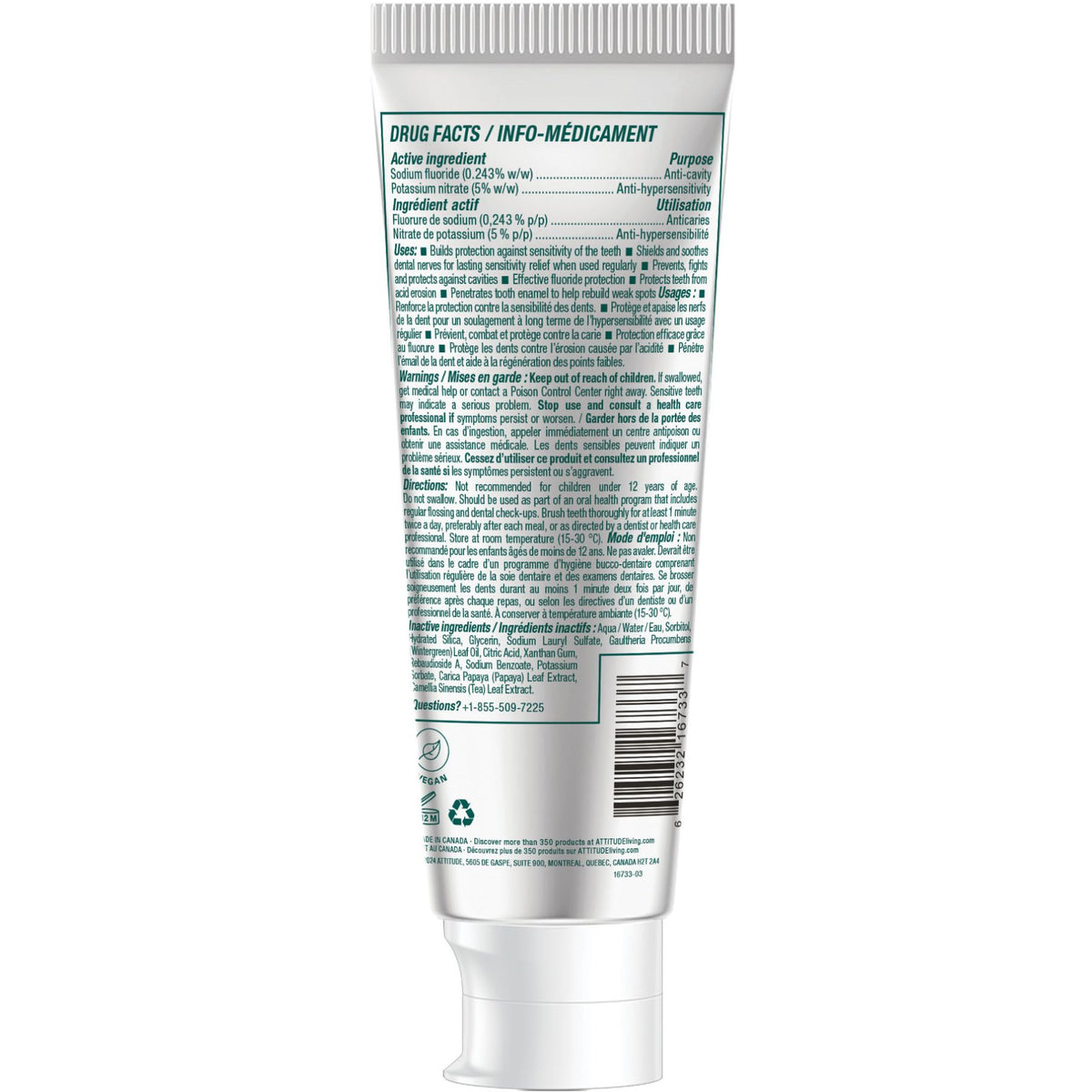 Attitude Adult Toothpaste with Fluoride – Sensitive Spearmint 120g