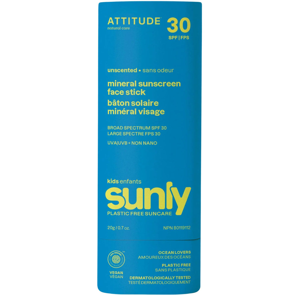 Attitude Sunly Kids Mineral Sunscreen Face Stick SPF30 Unscented 20g