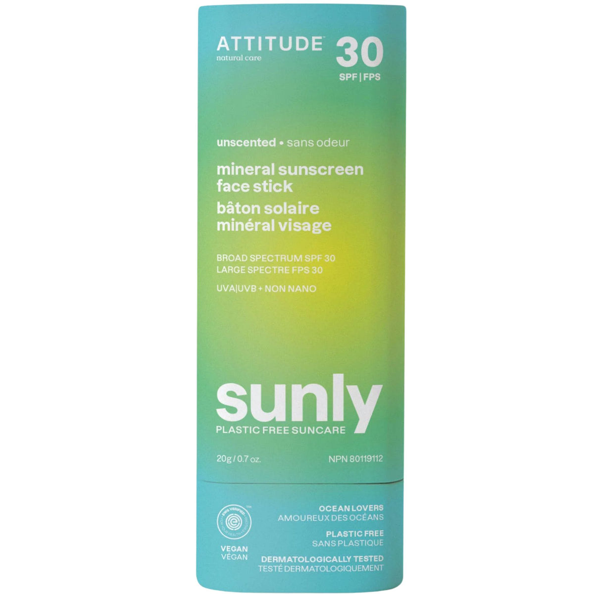 Attitude Sunly Mineral Sunscreen Face Stick SPF30 Unscented 20g
