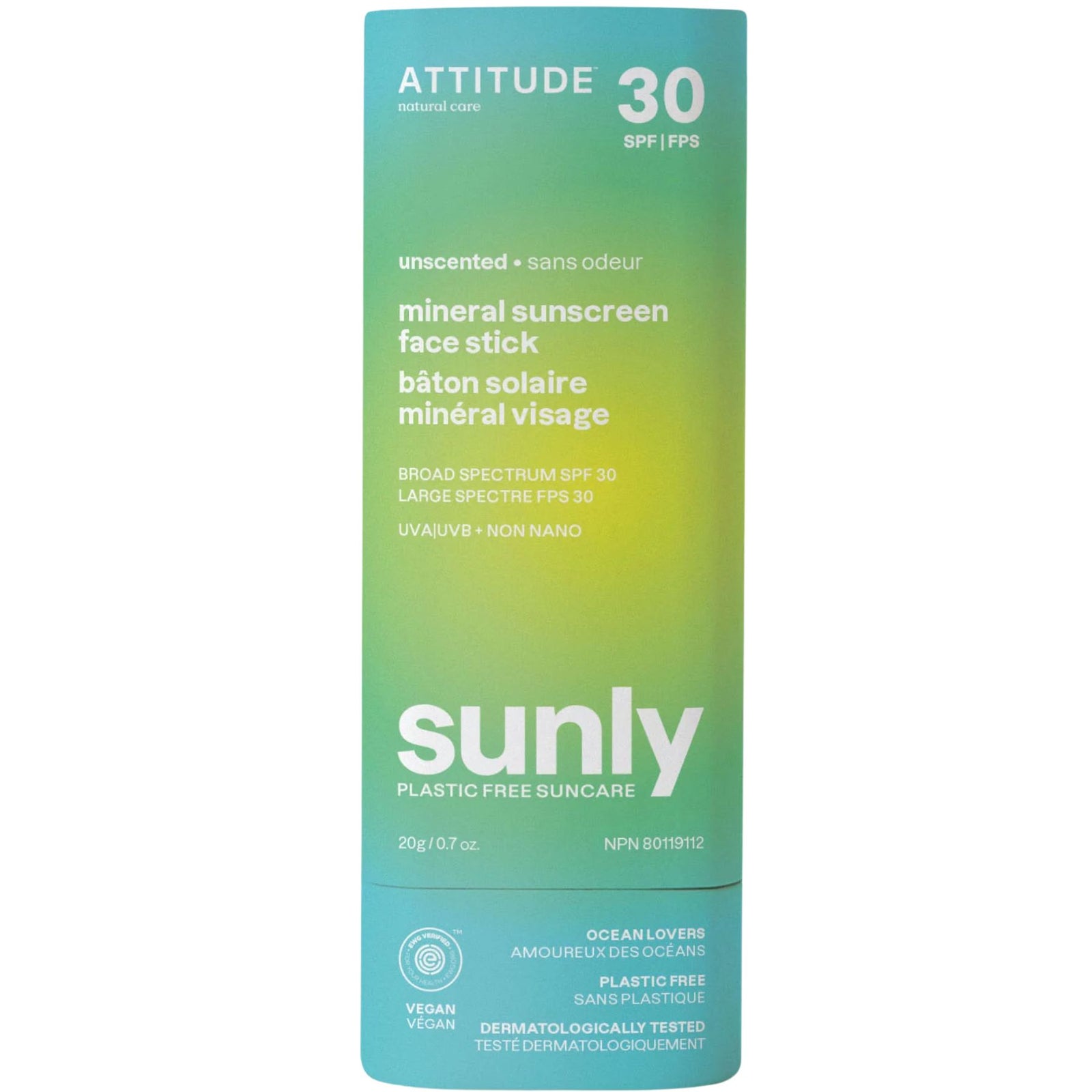 Attitude Sunly Mineral Sunscreen Face Stick SPF30 Unscented 20g