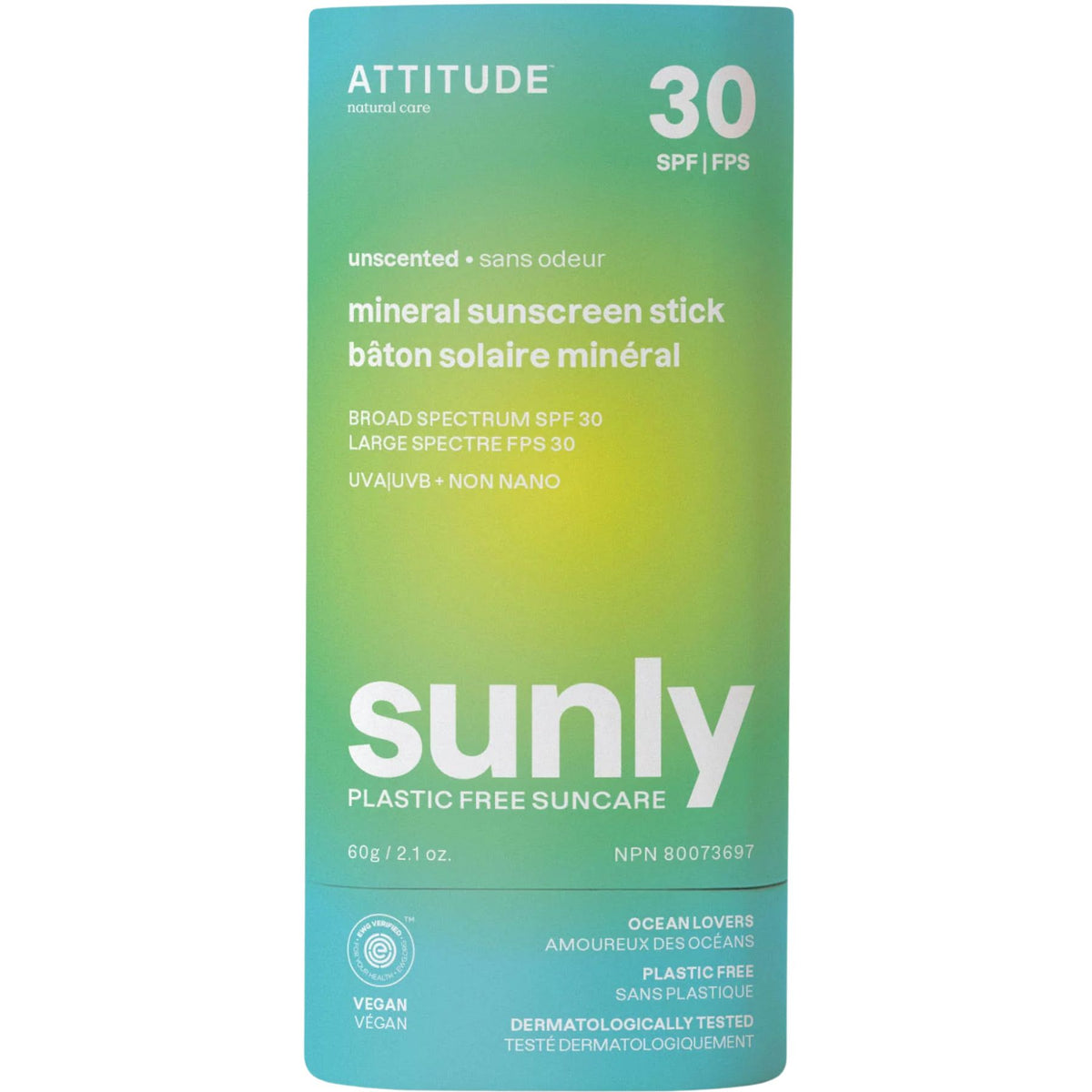Attitude Sunly Mineral Sunscreen Stick SPF30 - Unscented 60g