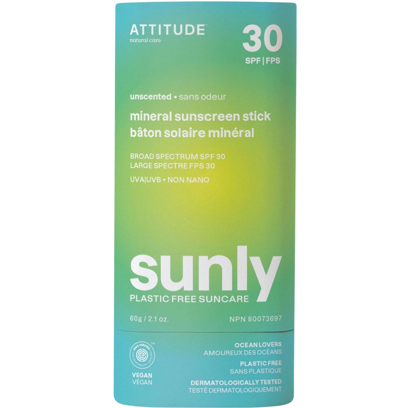 Attitude Sunly Mineral Sunscreen Stick SPF30 - Unscented 60g