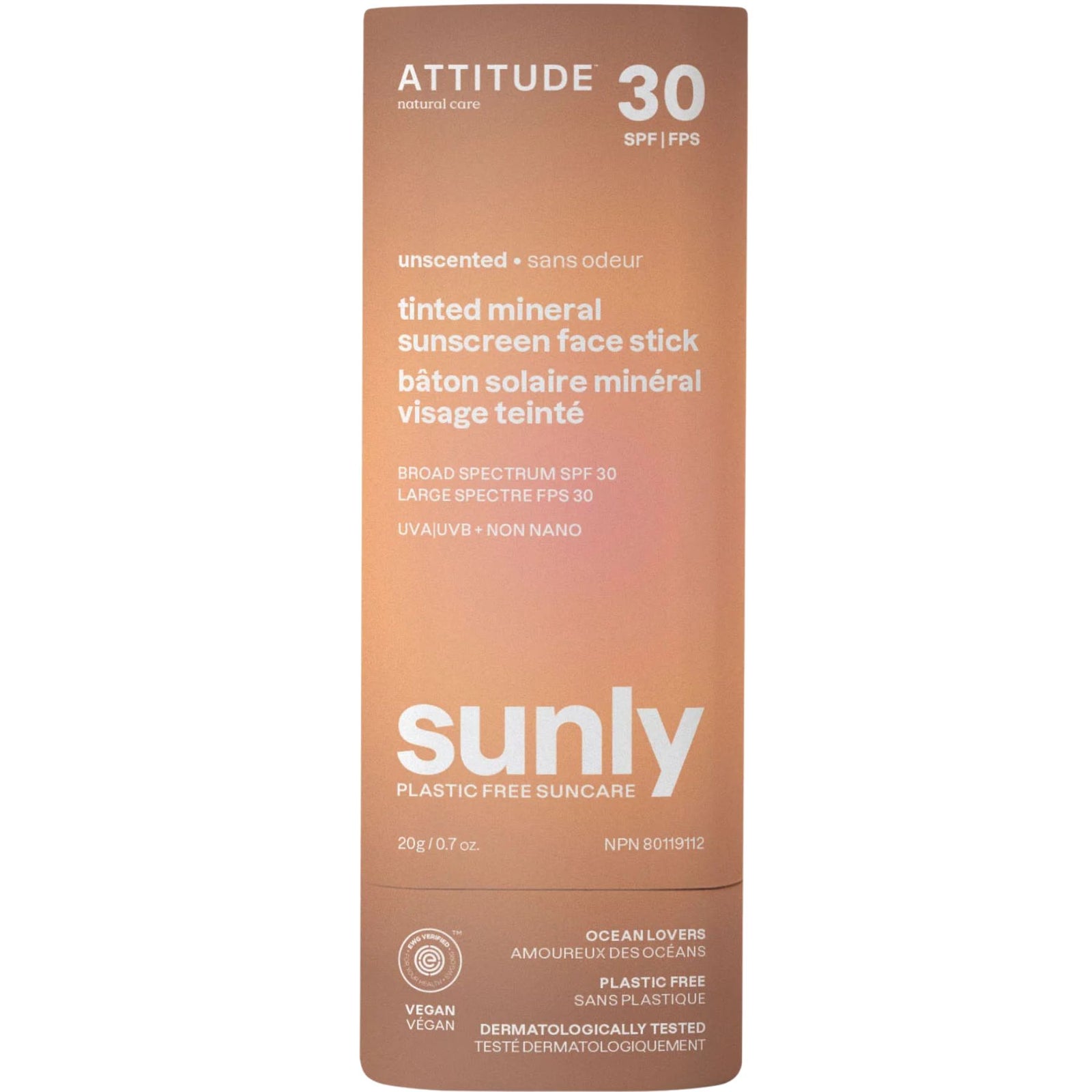 Attitude Sunly Tinted Mineral Sunscreen Face Stick SPF30 20g