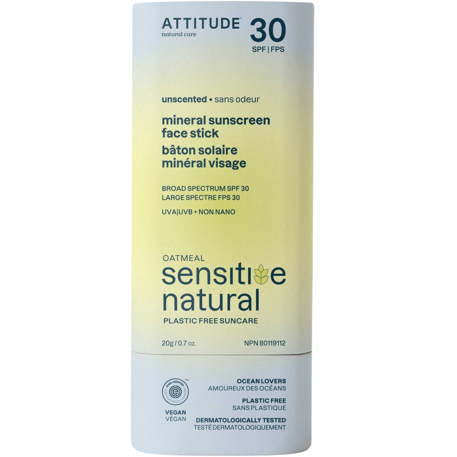 Attitude Sunly Mineral Sunscreen Face Stick for Sensitive Skin 20g