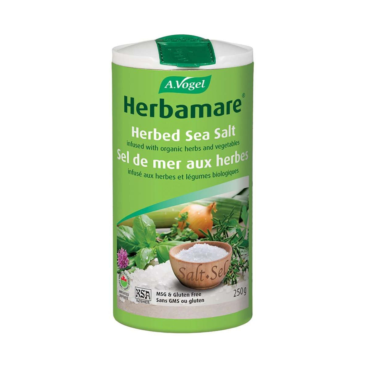 A. Vogel Herbamare 250g shaker container - an herbed sea salt infused with organic herbs and vegetables.
