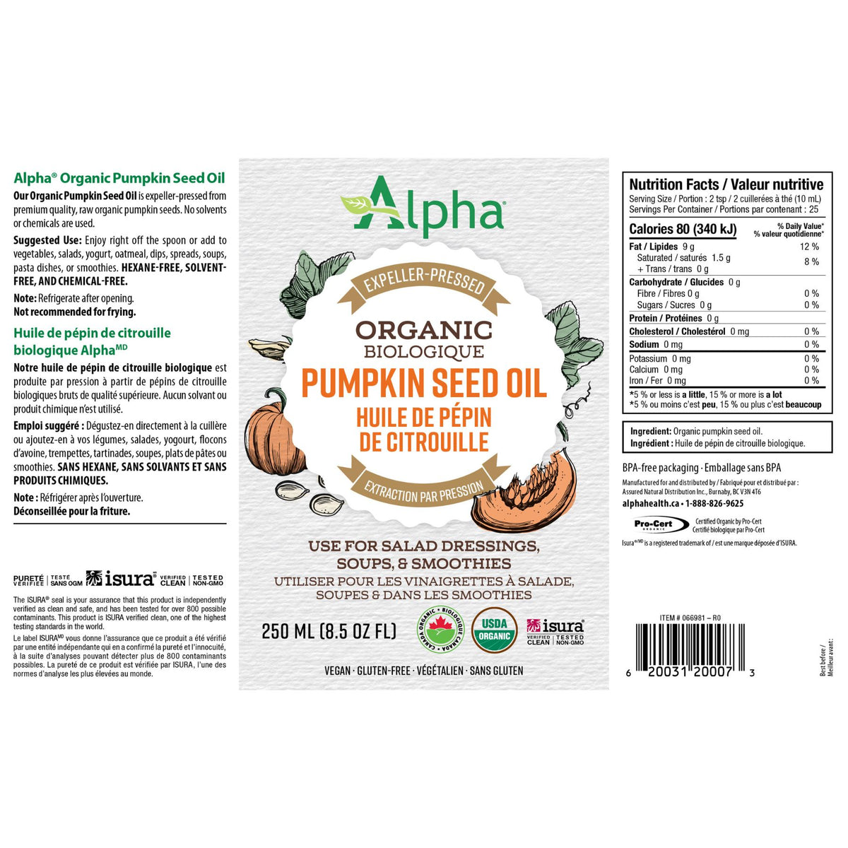 Alpha Organic Pumpkin Seed Oil 250mL