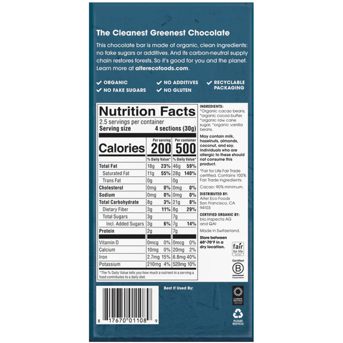 Alter Eco Organic Dark Chocolate Bar Classic Blackout 80g