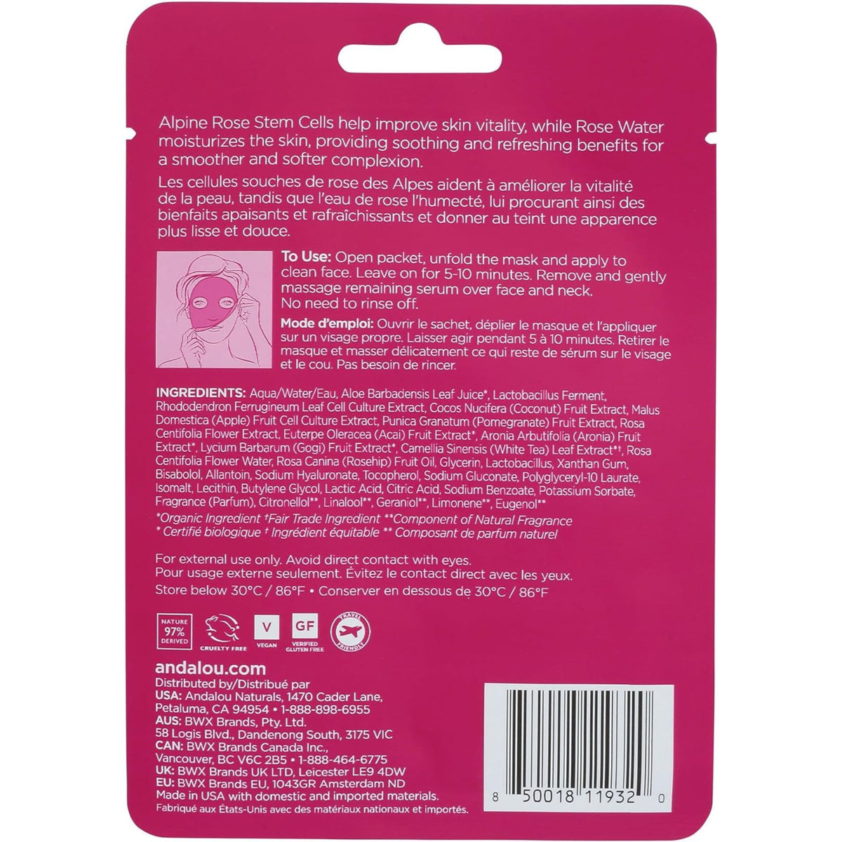 Andalou 1000 Roses Instant Soothe & Smooth Sheet Mask 18mL