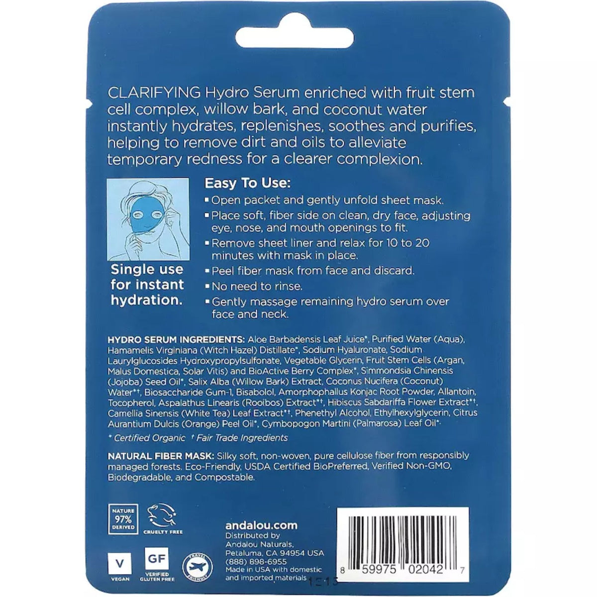 Andalou Naturals Instant Pure Pore Hydro Serum Facial Sheet Mask 18mL