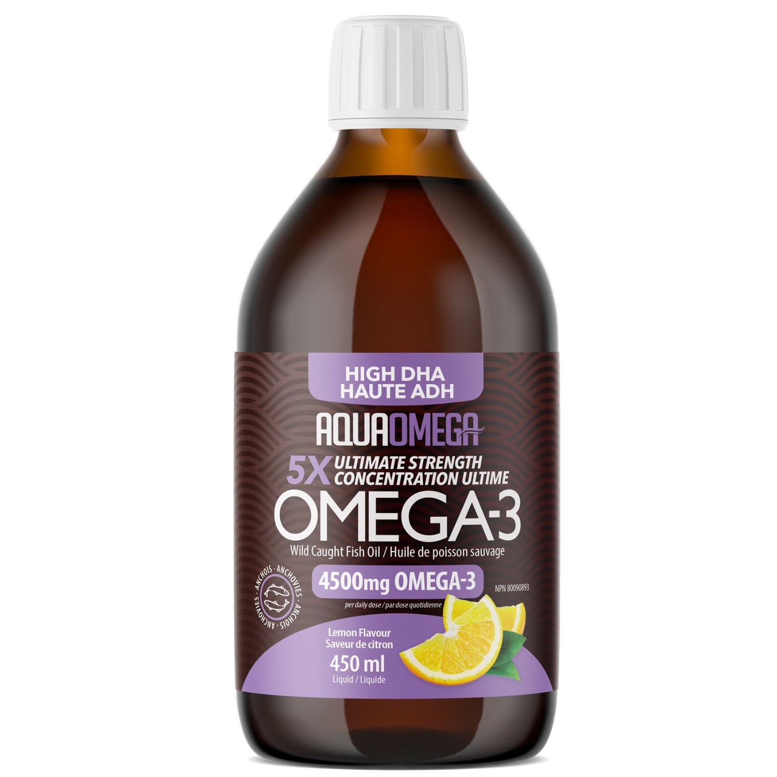 AquaOmega 5X Ultimate Strength DHA Omega-3 Lemon 450mL