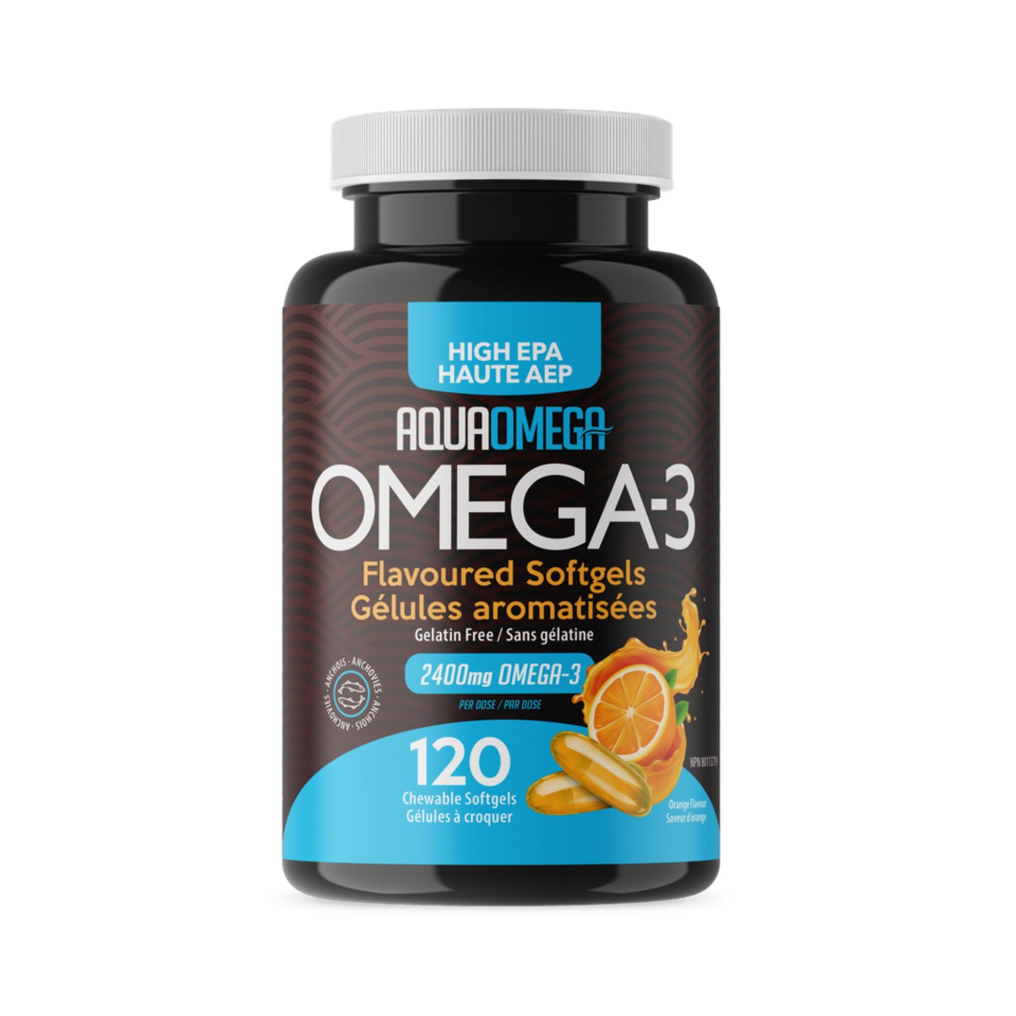 A bottle of AquaOmega High EPA Flavoured Softgels Orange 120s, premium Omega-3 supplement for heart and brain health. 