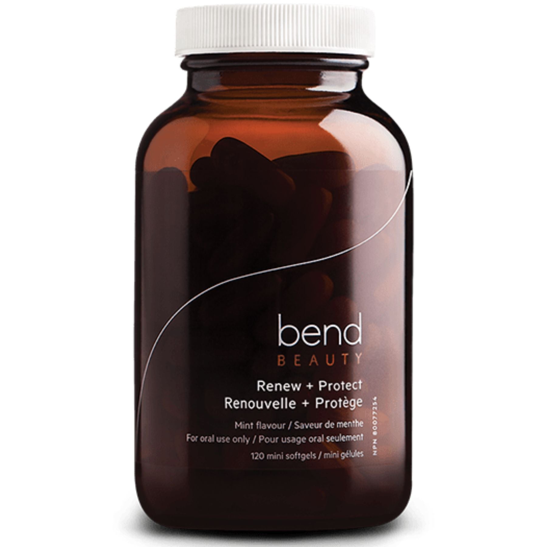 Image of Bend Beauty Renew + Protect. 120 mini softgels in a dark brown glass bottle. A comprehensive skincare supplement, available at Fiddleheads Health and Nutrition.