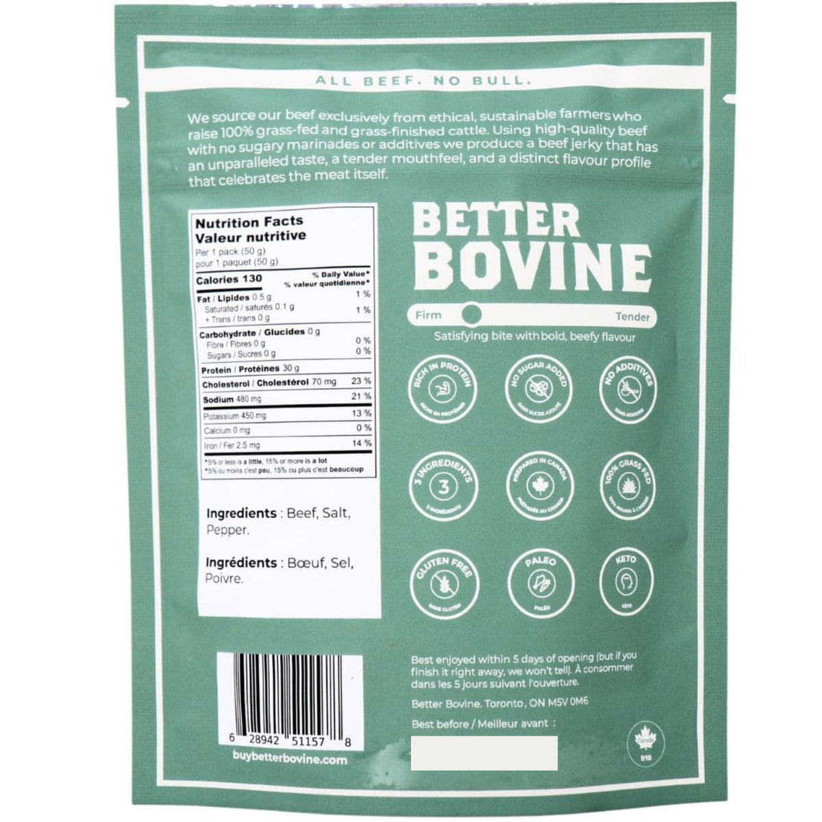 Better Bovine 100% Grass-fed Extra Lean Beef Jerky 50g
