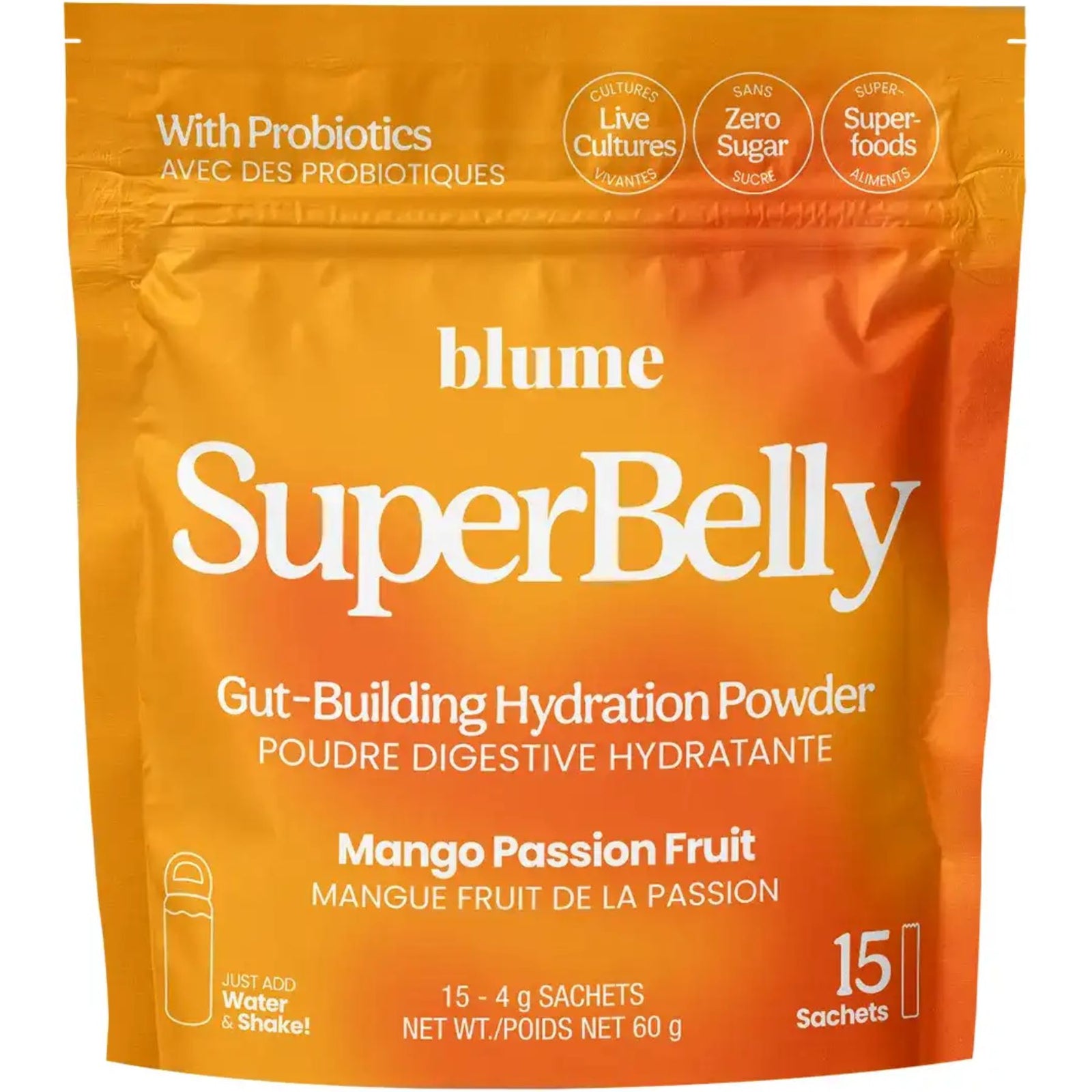 SuperBelly Gut-Building Hydration Sachets, Mango Passion Fruit flavour. 15 Sachets per pack. Made in Canada.