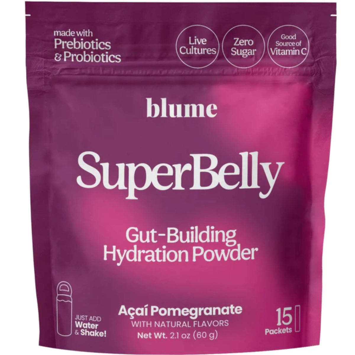 SuperBelly Gut-Building Hydration Sachets, Acai Pomegranate flavour. 15 Sachets per pack. Made in Canada.