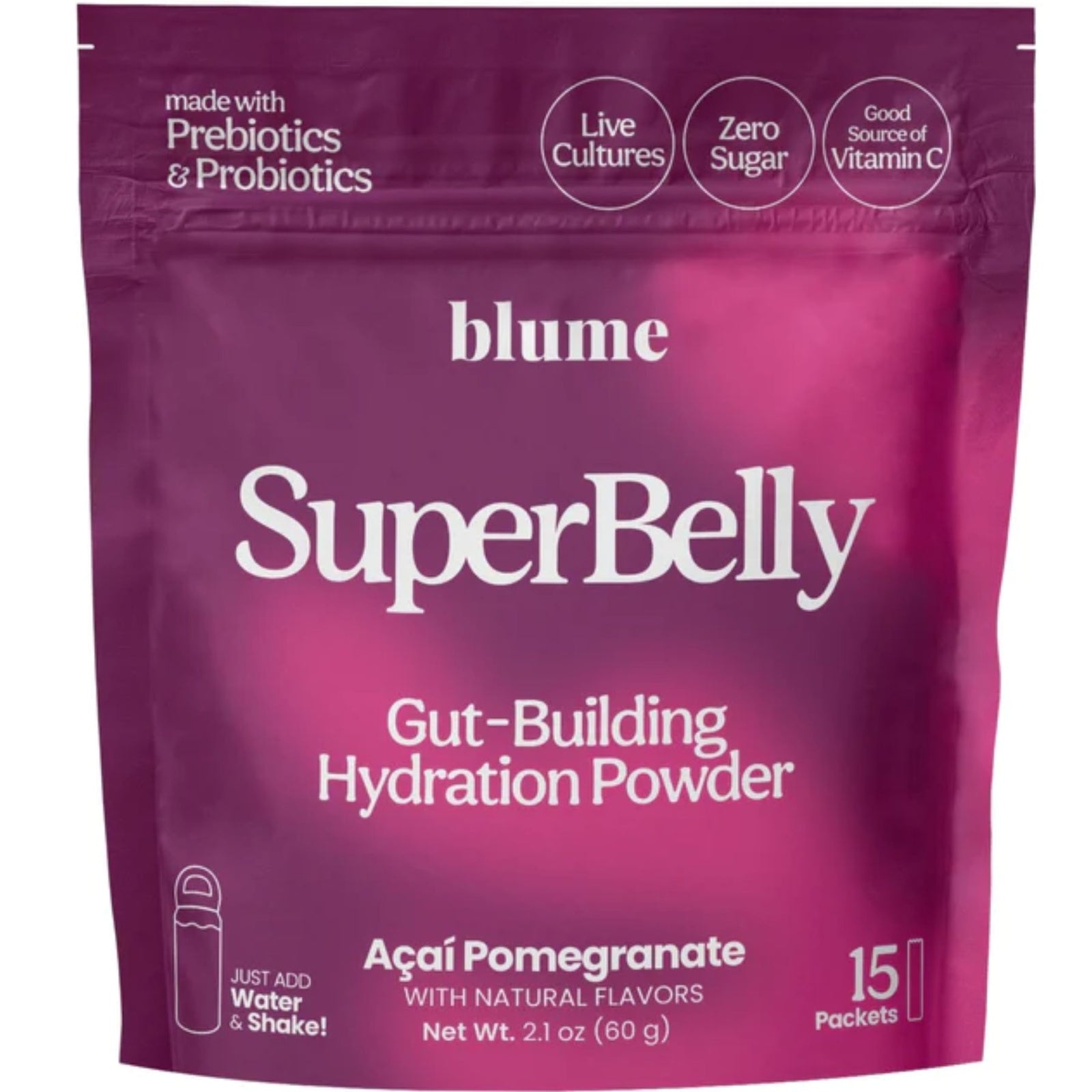 SuperBelly Gut-Building Hydration Sachets, Acai Pomegranate flavour. 15 Sachets per pack. Made in Canada.