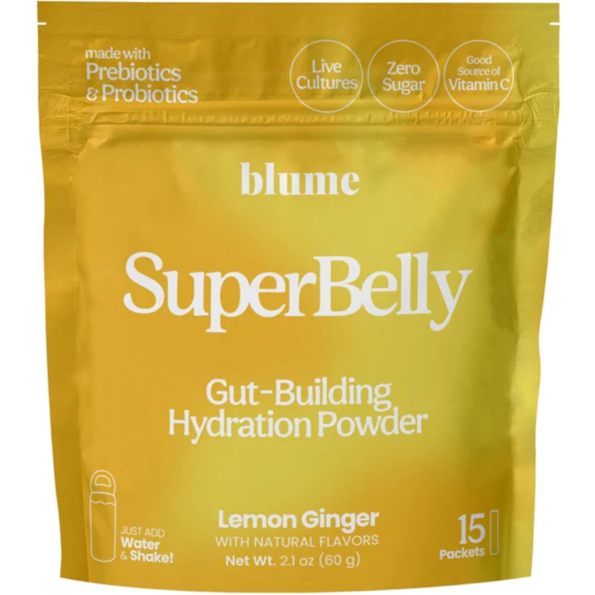SuperBelly Gut-Building Hydration Sachets, Lemon Ginger flavour. 15 Sachets per pack. Made in Canada.