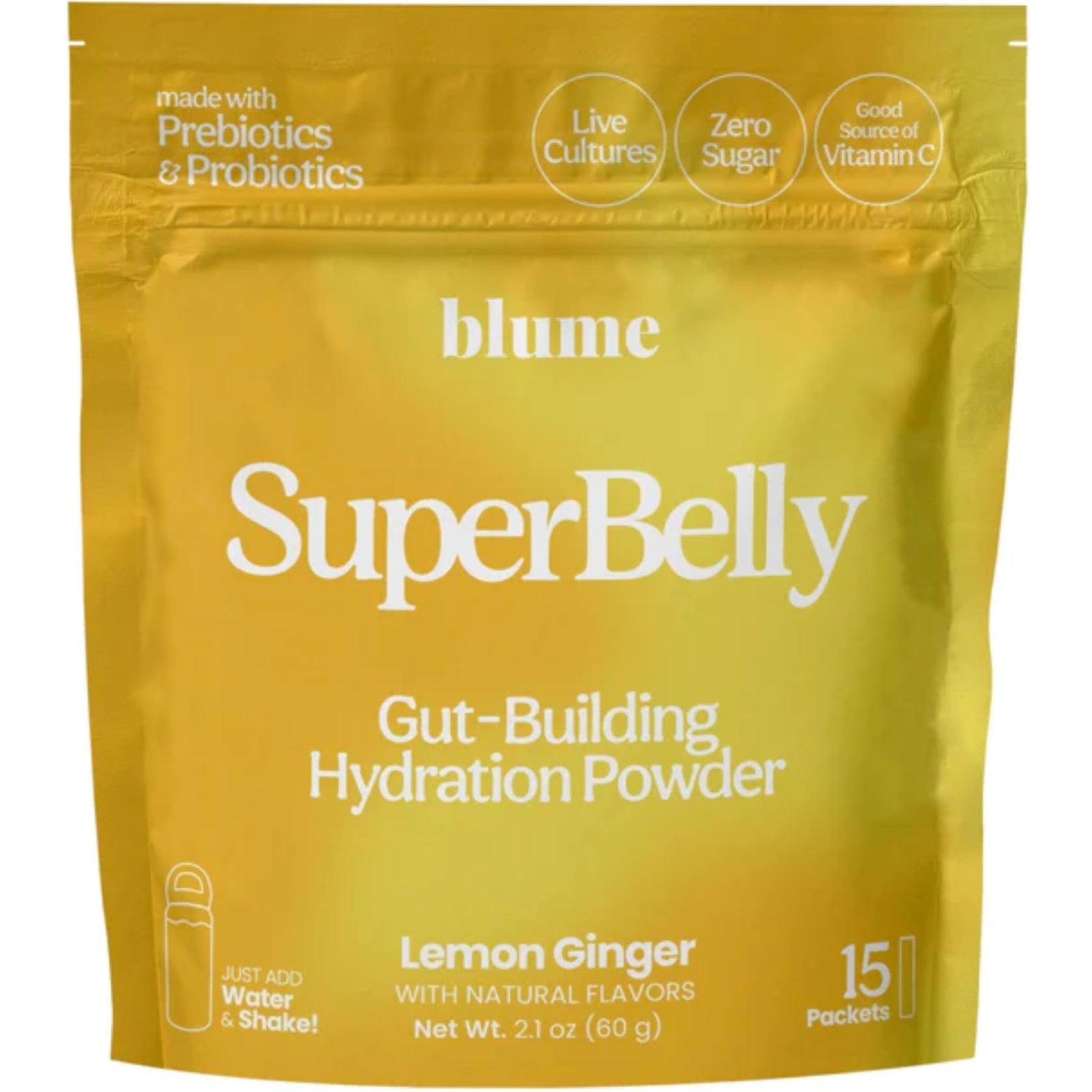 SuperBelly Gut-Building Hydration Sachets, Lemon Ginger flavour. 15 Sachets per pack. Made in Canada.