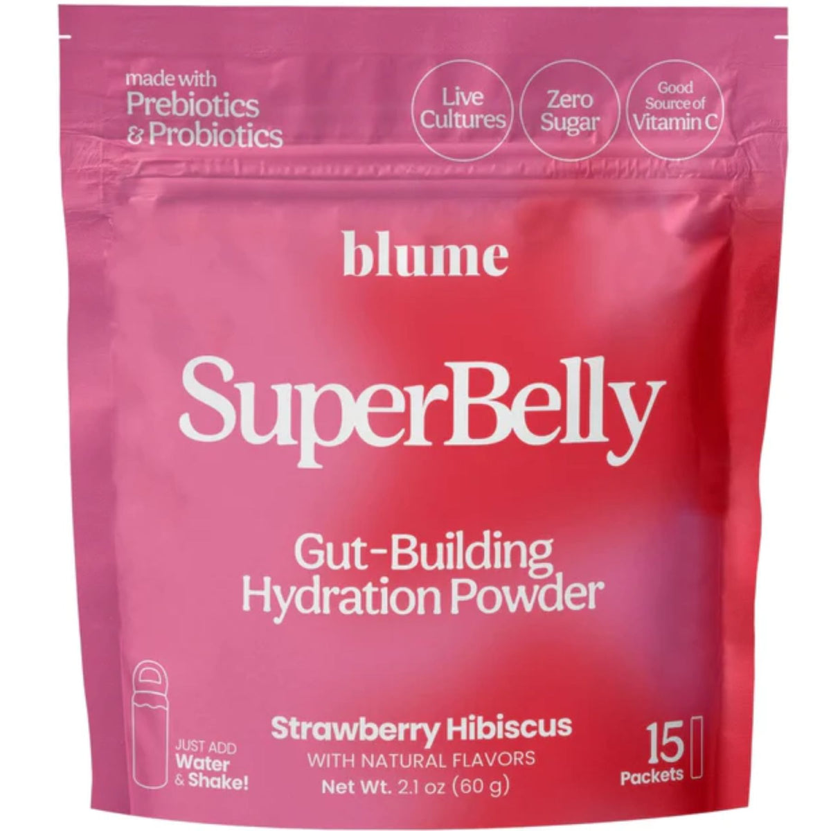 SuperBelly Gut-Building Hydration Sachets, Strawberry Hibiscus flavour. 15 Sachets per pack. Made in Canada.