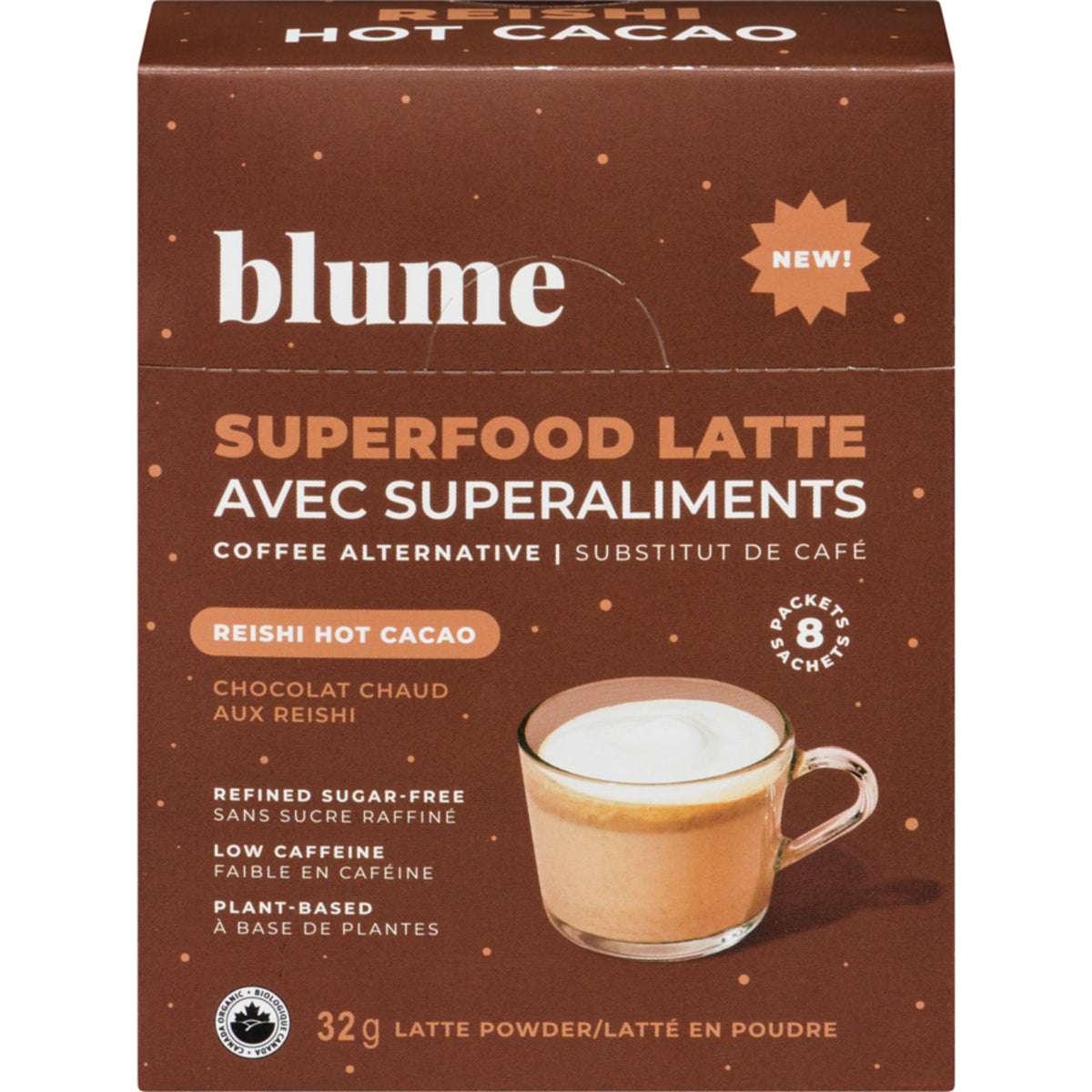 Blume Superfood Latte Powder Single Serve, Reishi Hot Cacao Blend. 8 Sachets per pack. Made in Canada.