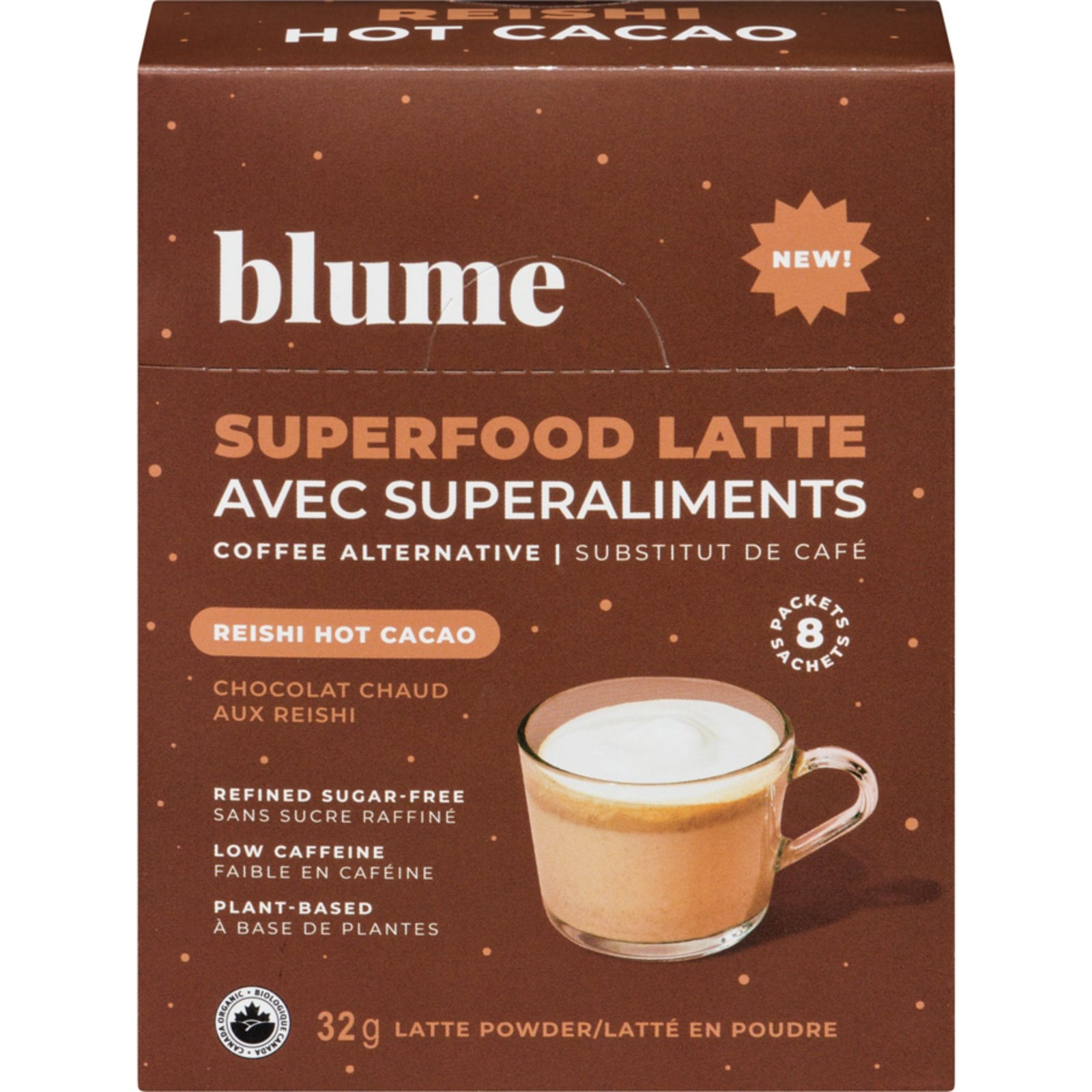 Blume Superfood Latte Powder Single Serve, Reishi Hot Cacao Blend. 8 Sachets per pack. Made in Canada.