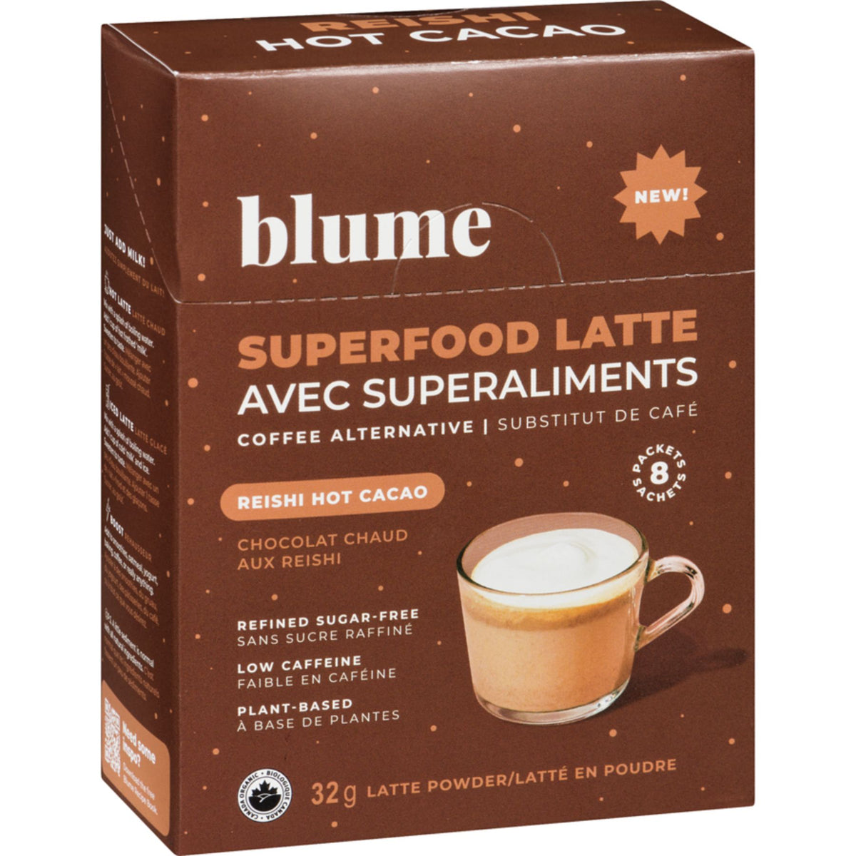 Blume Superfood Latte Powder Single Serve, Reishi Hot Cacao Blend. 8 Sachets per pack. Made in Canada.