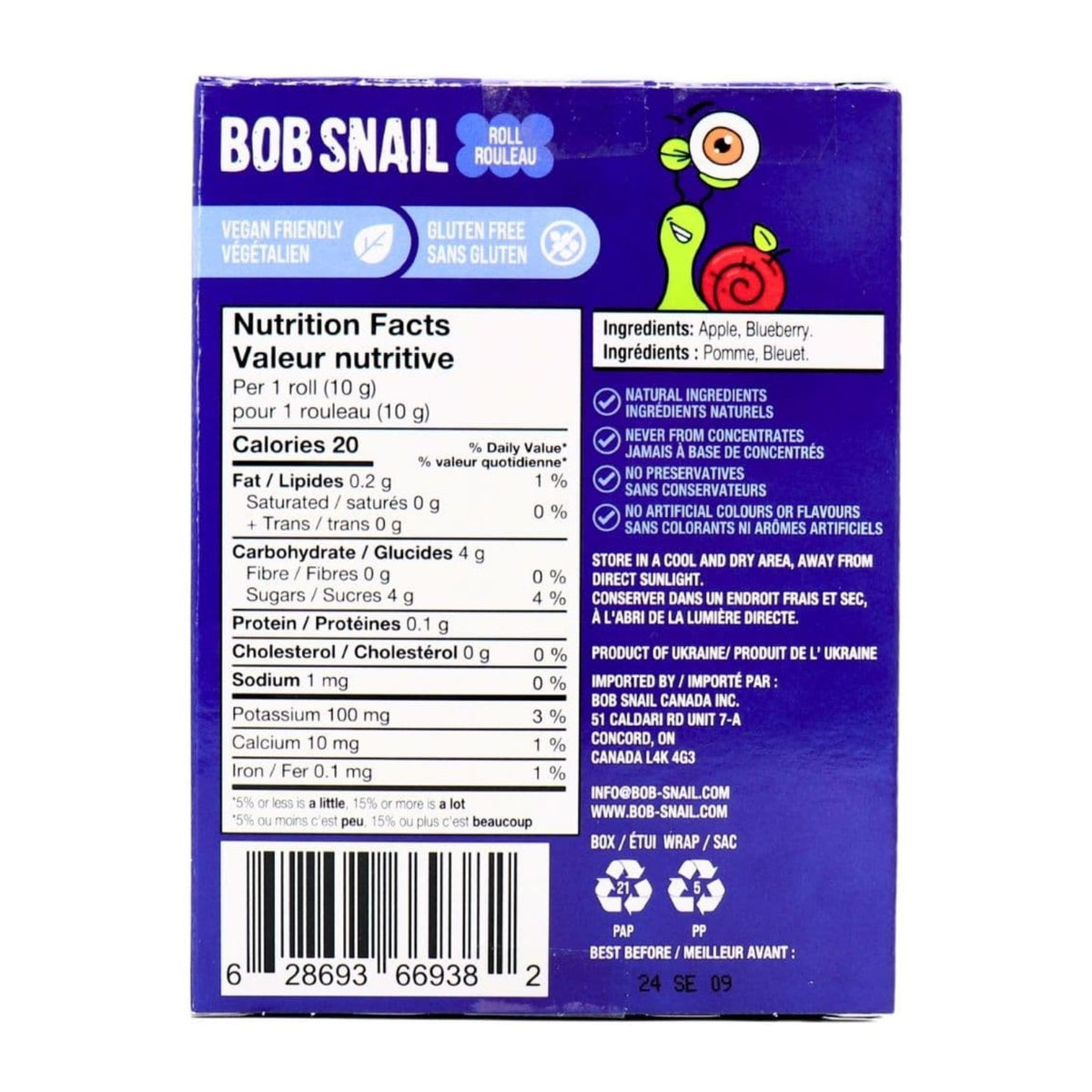 Bob Snail Fruit Rolls - Apple Blueberry 10pk