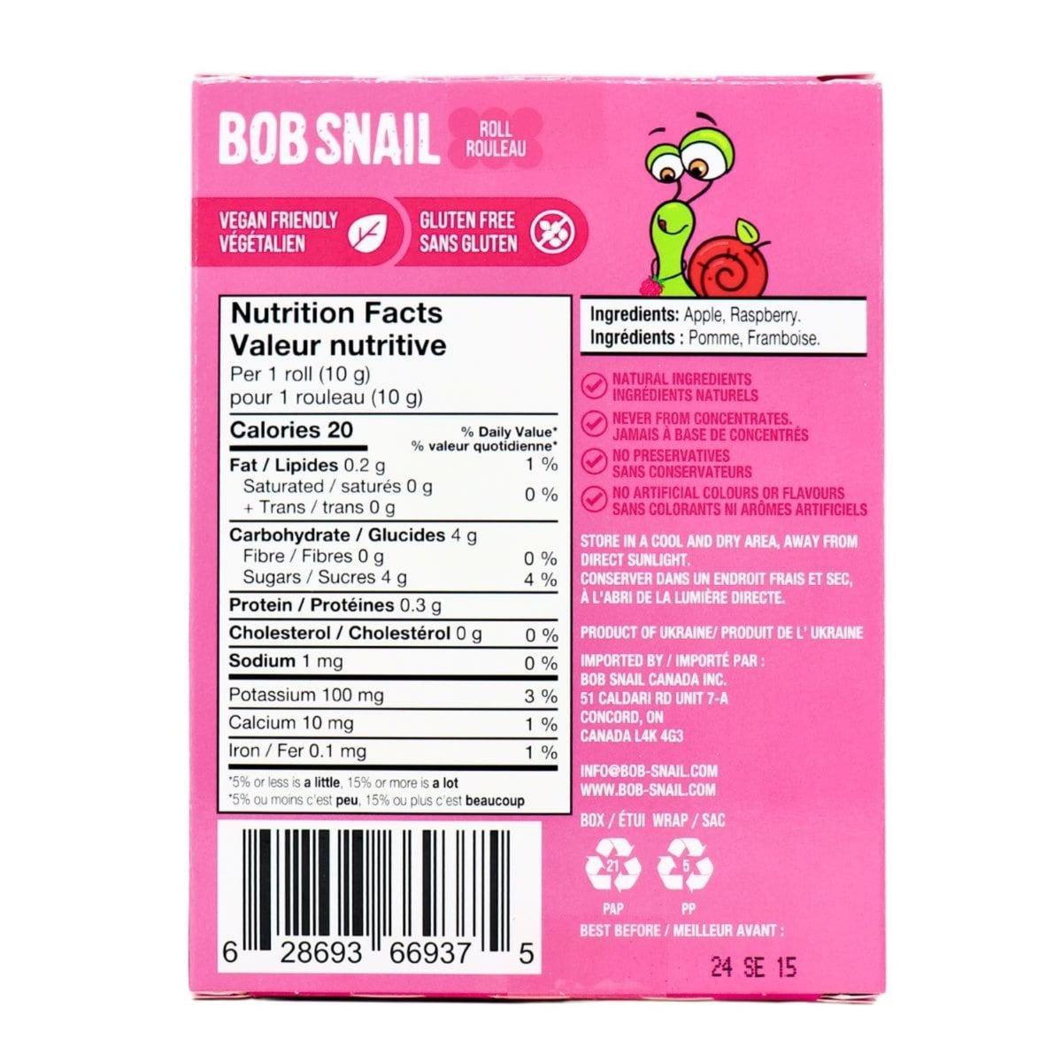Bob Snail Fruit Rolls - Apple Raspberry 10pk