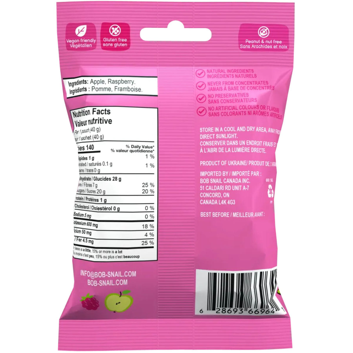 Bob Snail No Added Sugar Fruit Snack Apple Raspberry 40g