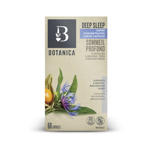 Image of Botanica Deep Sleep 60 Liquid Capsules - Glass bottle inside of product's box - Supports a restful restorative sleep. 
