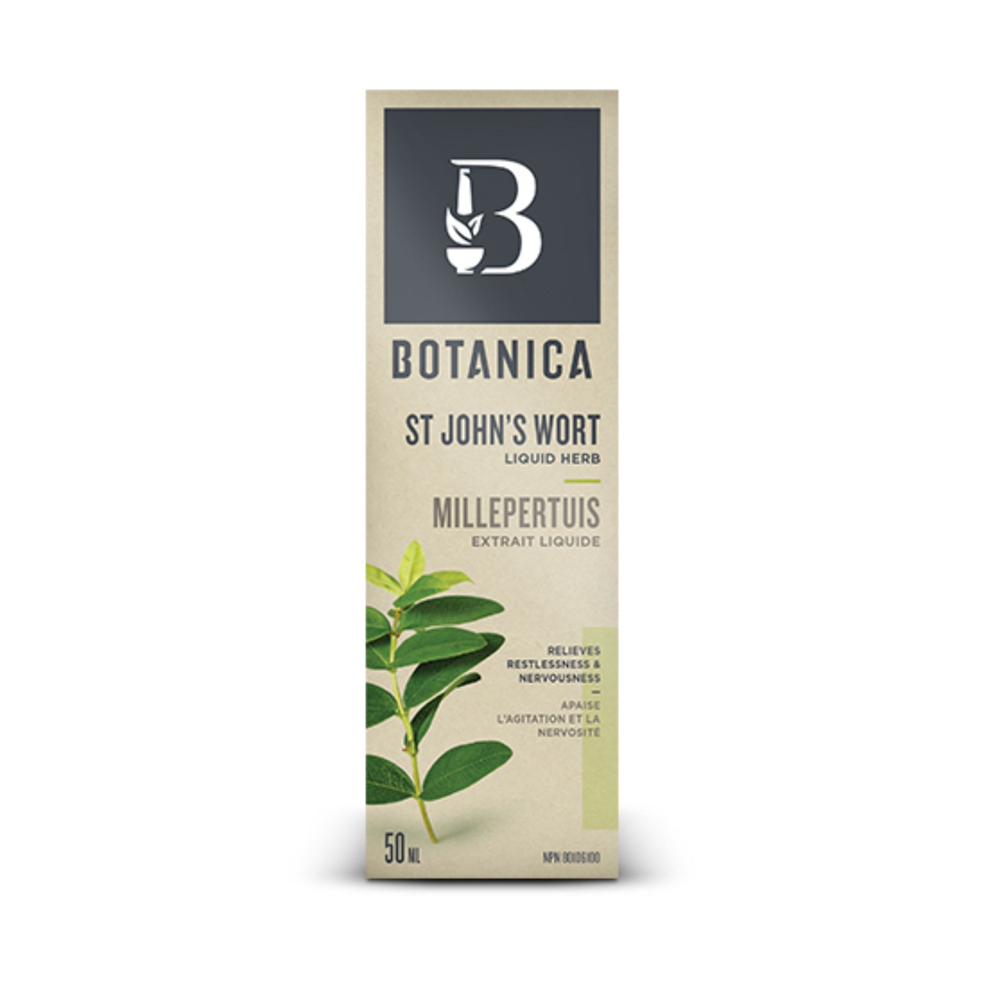 Bottle of Botanica's St John's Wort Liquid Herbal Supplement 50mL - Relieves restlessness and nervousness. 