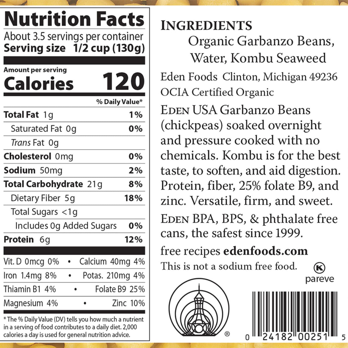 Eden Organic Garbanzo Beans (Chickpeas) 398ml
