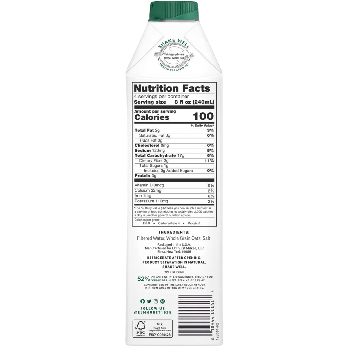 Elmhurst Unsweetened Oat Milk 946ml