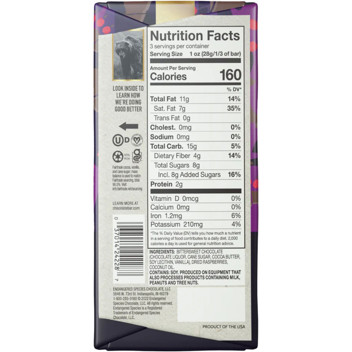 Endangered Species 72% Dark Chocolate with Raspberries 85g