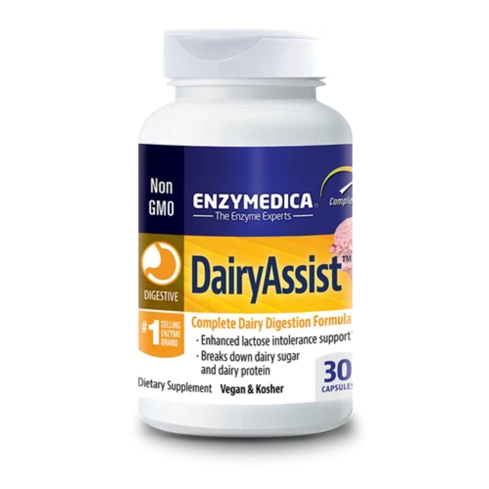 Bottle of Enzymedica's Dairy Assist 30 capsules - a complete dairy digestion formula 